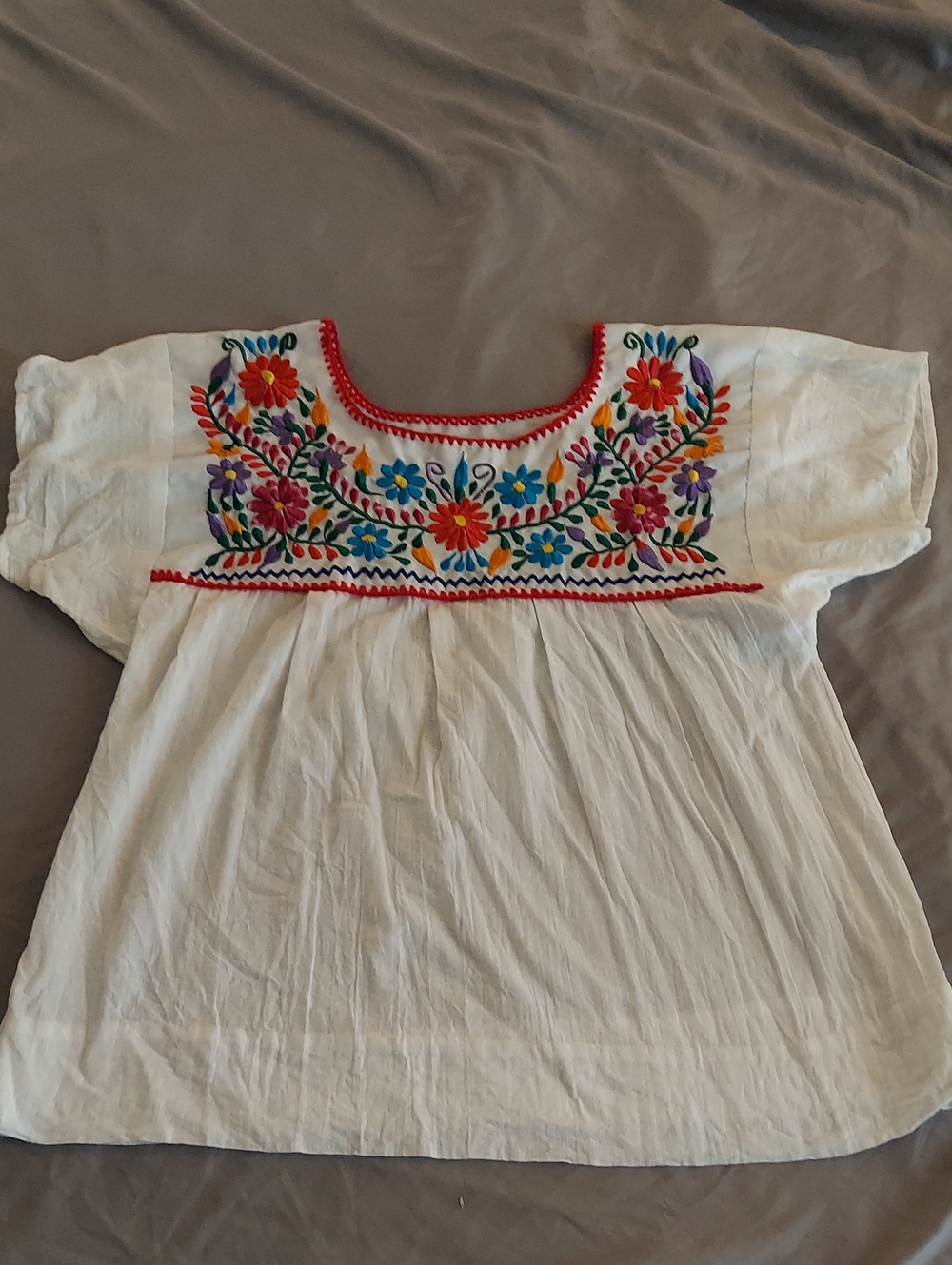 Embroidered Cotton Peasant Top - White with Multicolor Floral